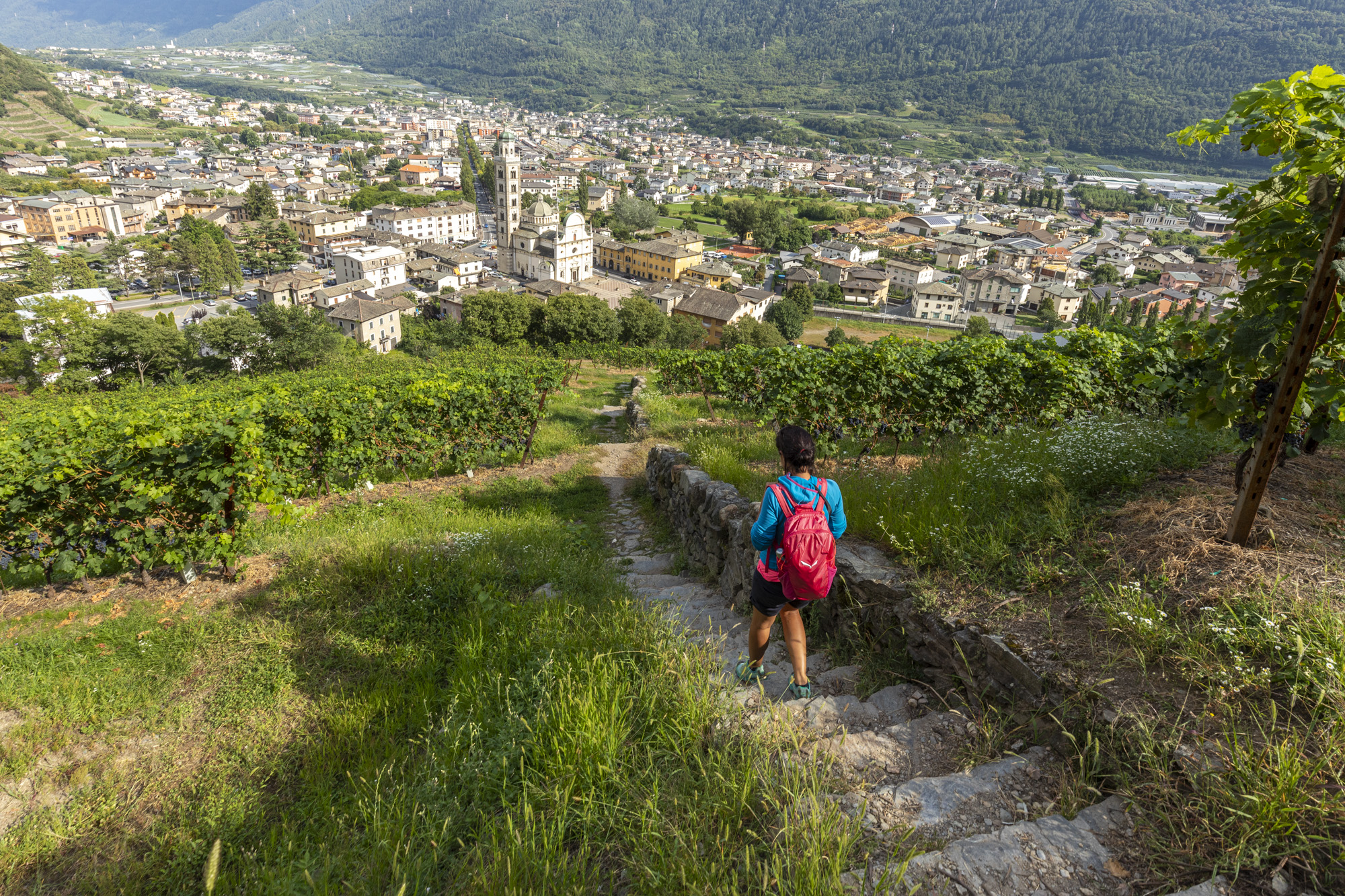 Randonneuse avec sac à dos rouge le long d'un sentier entre vignobles en terrasses surplombant la ville